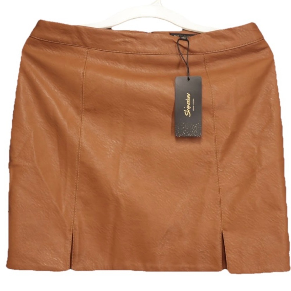 Shinestar women's brown lined zip back‎ mini skirt sz large vegan faux Leather
